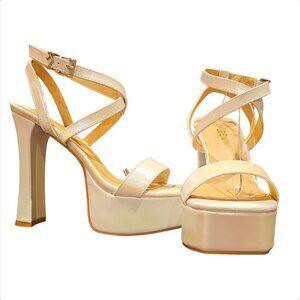 Iridescent Pearl Platform High Heel Strappy Sandals With Ankle Buckle